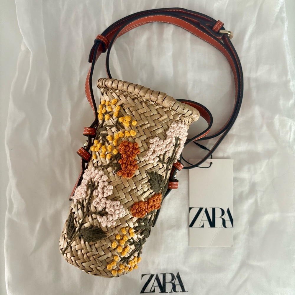 (SOLD) NEW ZARA Raffia Mini Bucket Bag Crossbody Straw Bag with Embroidery